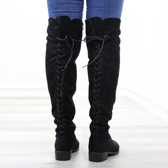 Black Over-the-Knee Boots Size 6 Lace-Up Back Flat Sole Tall Shaft Faux Suede - Picture 7 of 14